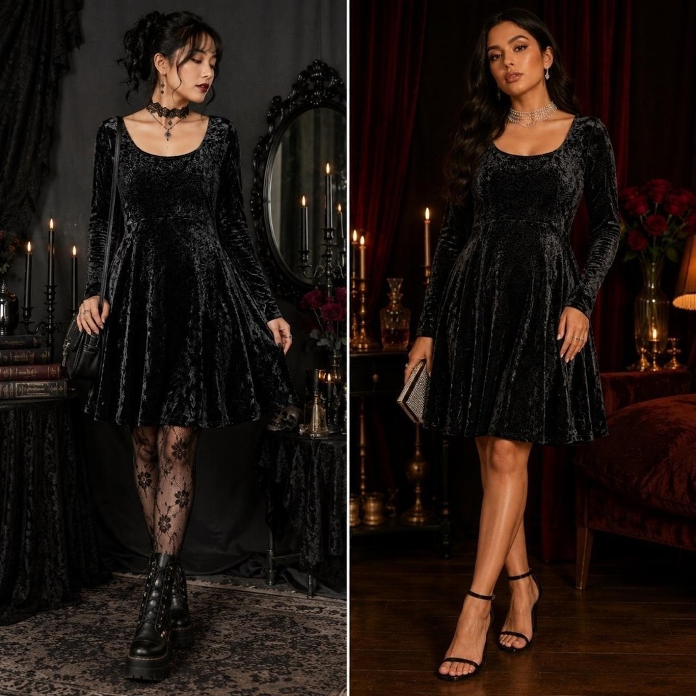 Double Attraction L Black Velvet Skater Dress USA Embossed Floral WhimsiGoth 90s